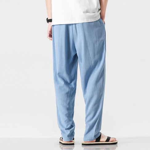 Lake blue men's comfort drawstring pants, relaxed fit, a stylish choice for casual summer fashion.