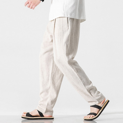 Beige relaxed fit casual pants for men, perfect lightweight option for daily and summer wear.