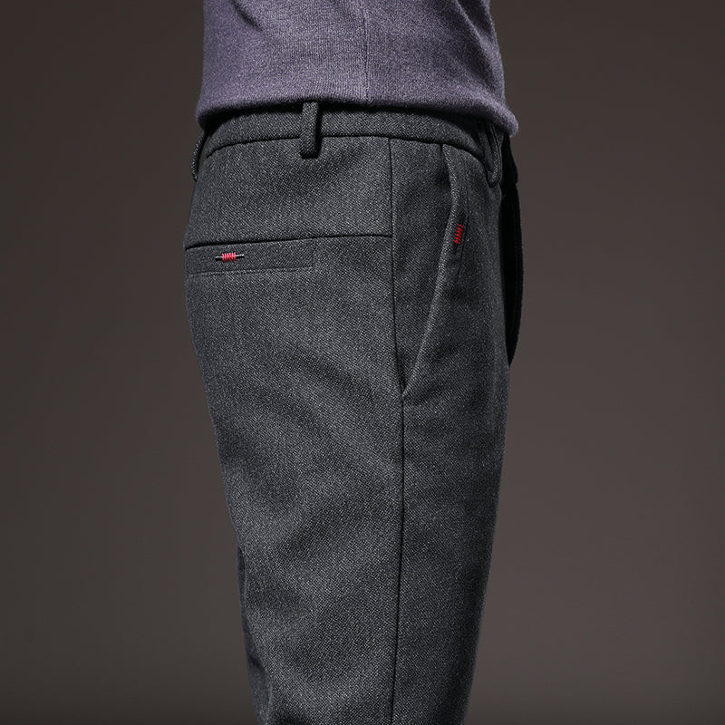 Gray tailored slim fit stretch casual pants for men, comfortable and stylish.