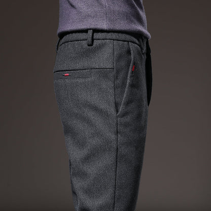 Gray tailored slim fit stretch casual pants for men, comfortable and stylish.