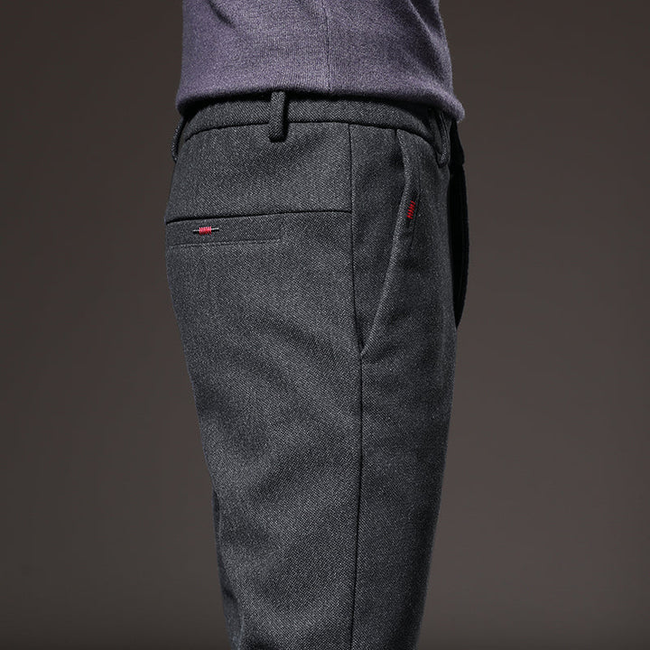 Gray tailored slim fit stretch casual pants for men, comfortable and stylish.