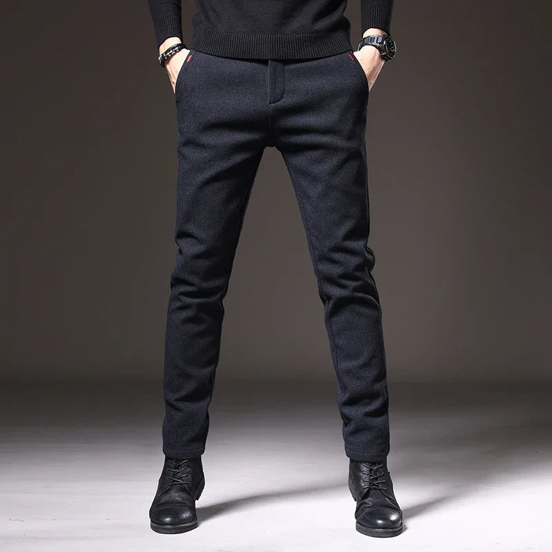 Blue men's tailored casual pants, slim fit with stretch, versatile and modern.