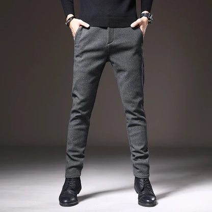 Gray slim fit stretch dress pants, wrinkle resistant, perfect for travel or office.