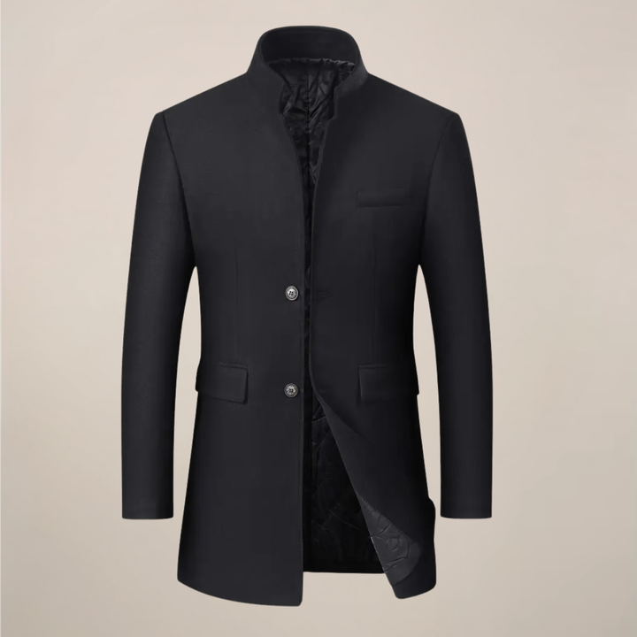 Black men's slim fit winter trench coat with stand collar. Stylish tailored outerwear for cold weather.