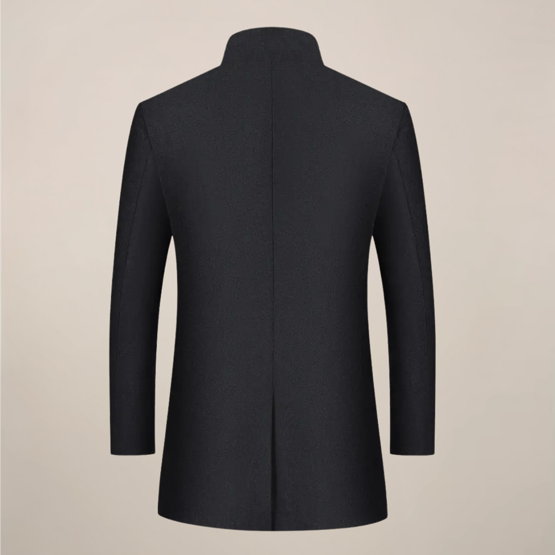 Gray men's slim fit winter trench coat with stand collar. Button-up, stylish outerwear for cold weather.
