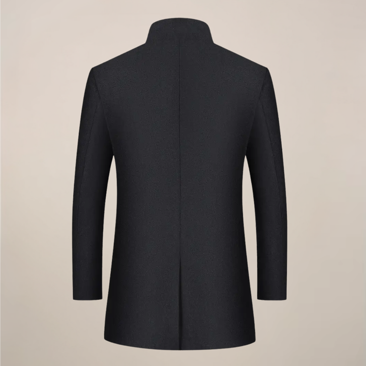 Gray men's slim fit winter trench coat with stand collar. Button-up, stylish outerwear for cold weather.