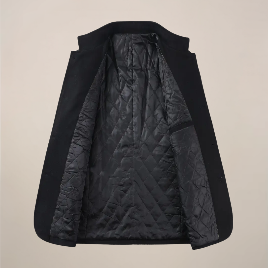Stylish men's slim fit winter coat with stand collar. Tailored long trench coat for modern cold weather fashion.