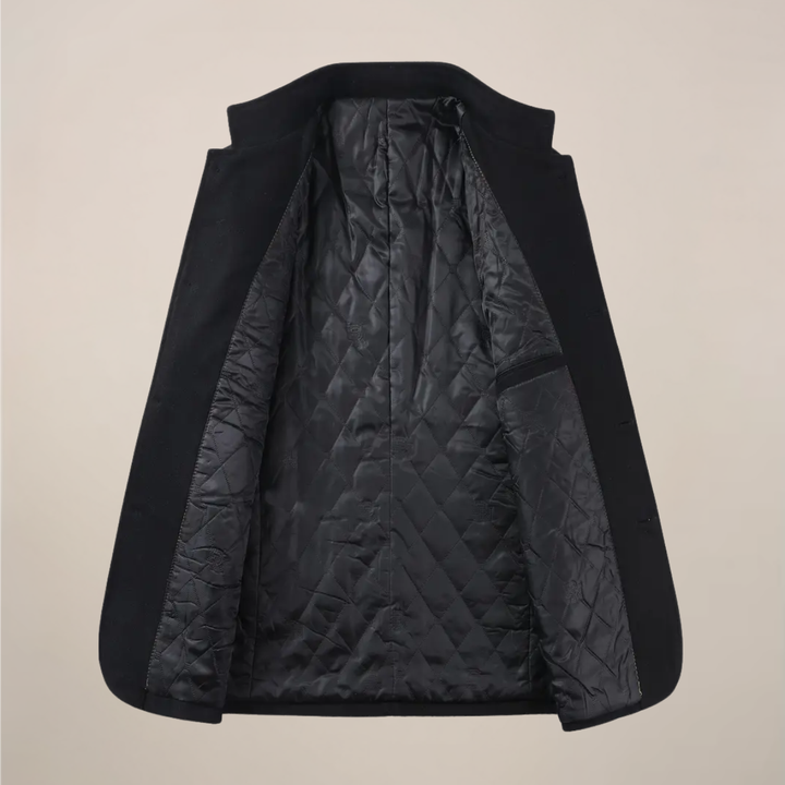 Stylish men's slim fit winter coat with stand collar. Tailored long trench coat for modern cold weather fashion.