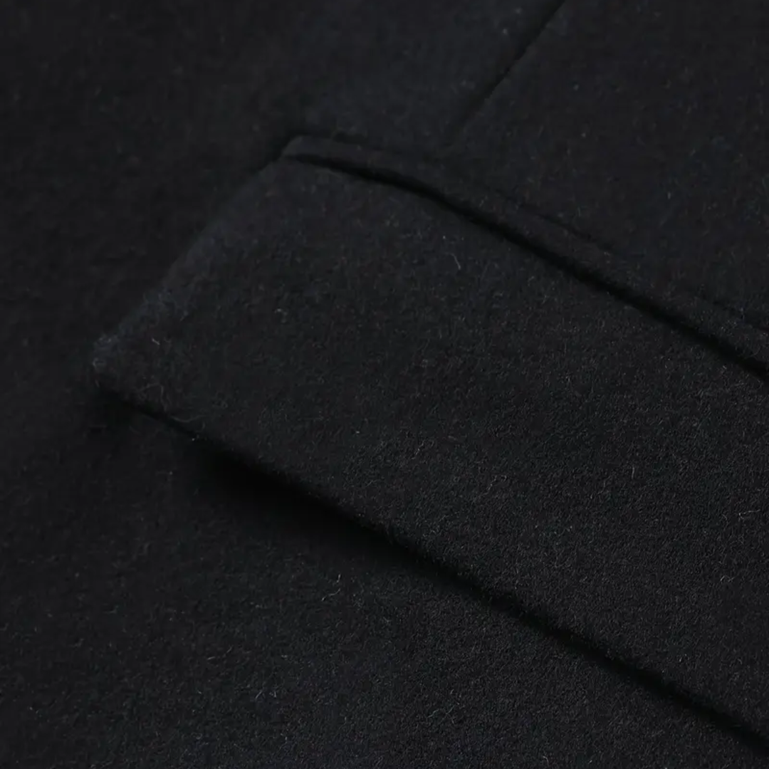 Warm men's slim fit winter trench coat. Elegant button-up outerwear with stand collar for cold weather.