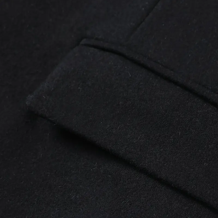 Warm men's slim fit winter trench coat. Elegant button-up outerwear with stand collar for cold weather.