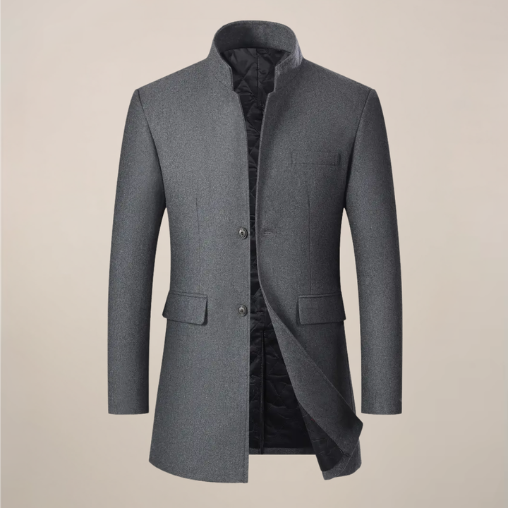 Black slim fit men's winter coat. Stylish long trench coat with stand collar, perfect for cold weather fashion.