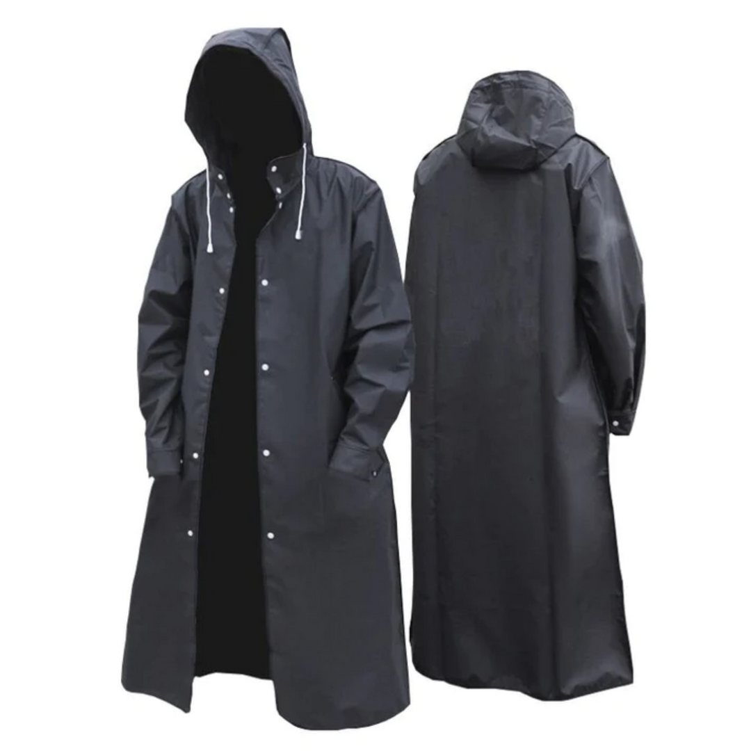 Black men's waterproof long rain jacket with hood, ideal for all seasons & outdoor protection.