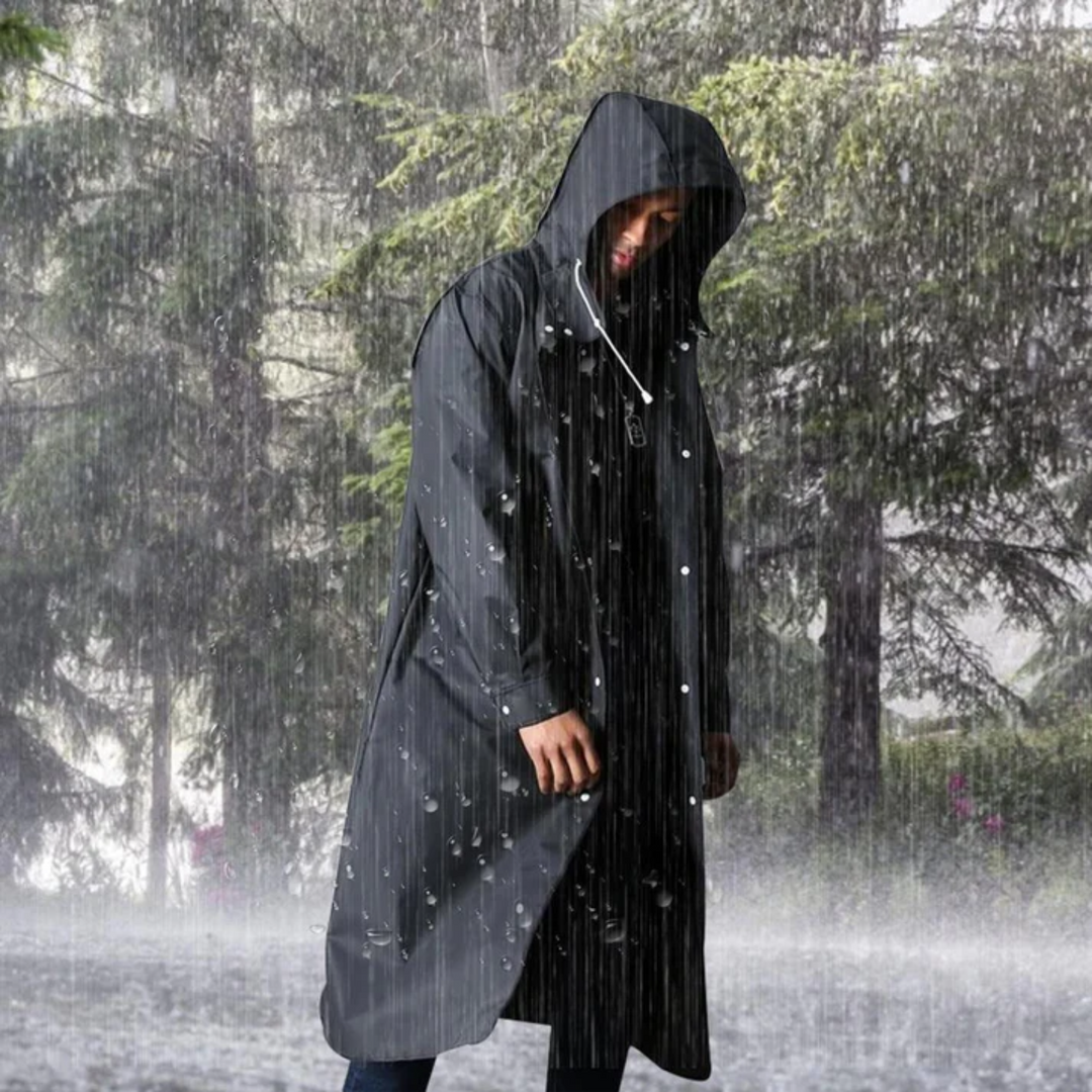 Stylish men's long hooded raincoat, versatile for all-weather protection and outdoor wear.