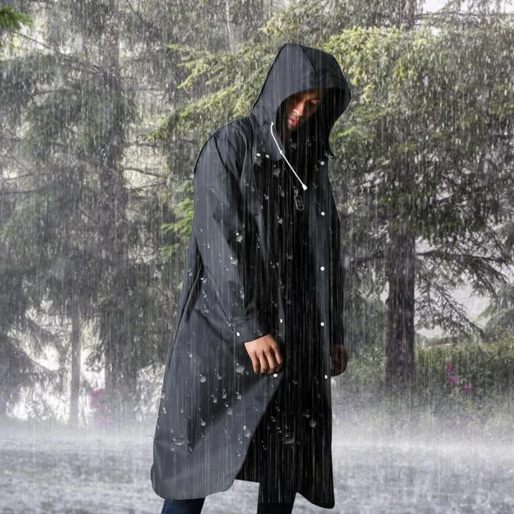 Stylish men's long hooded raincoat, versatile for all-weather protection and outdoor wear.