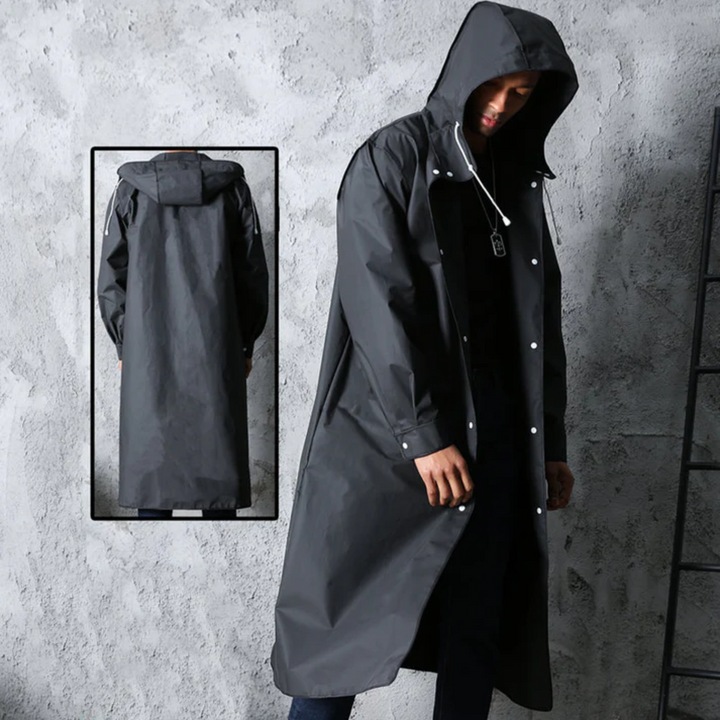 Protective men's waterproof long rain jacket with hood, perfect for outdoor activities & wet weather.