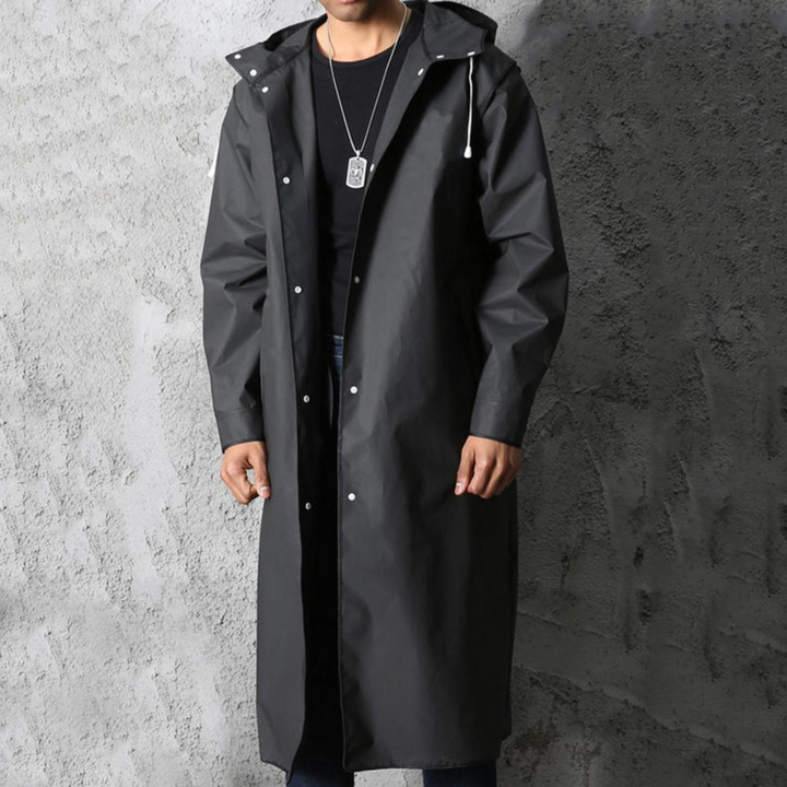 Men's black waterproof long rain jacket with hood, essential outerwear for all seasons.