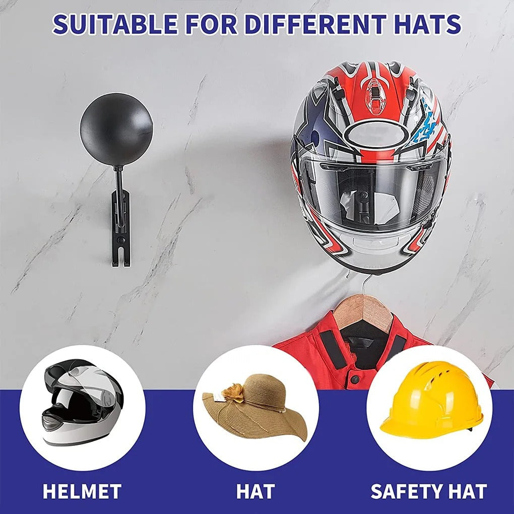 Durable black metal wall organizer for motorcycle helmet & jacket, perfect for secure gear storage.