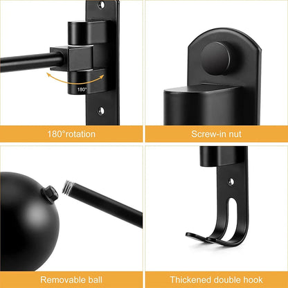 Stylish black motorcycle gear organizer: wall-mounted helmet rack with jacket hooks for home storage.