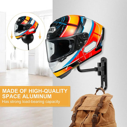 Wall-mounted storage rack for motorcycle helmets, jackets, and other protective riding gear.