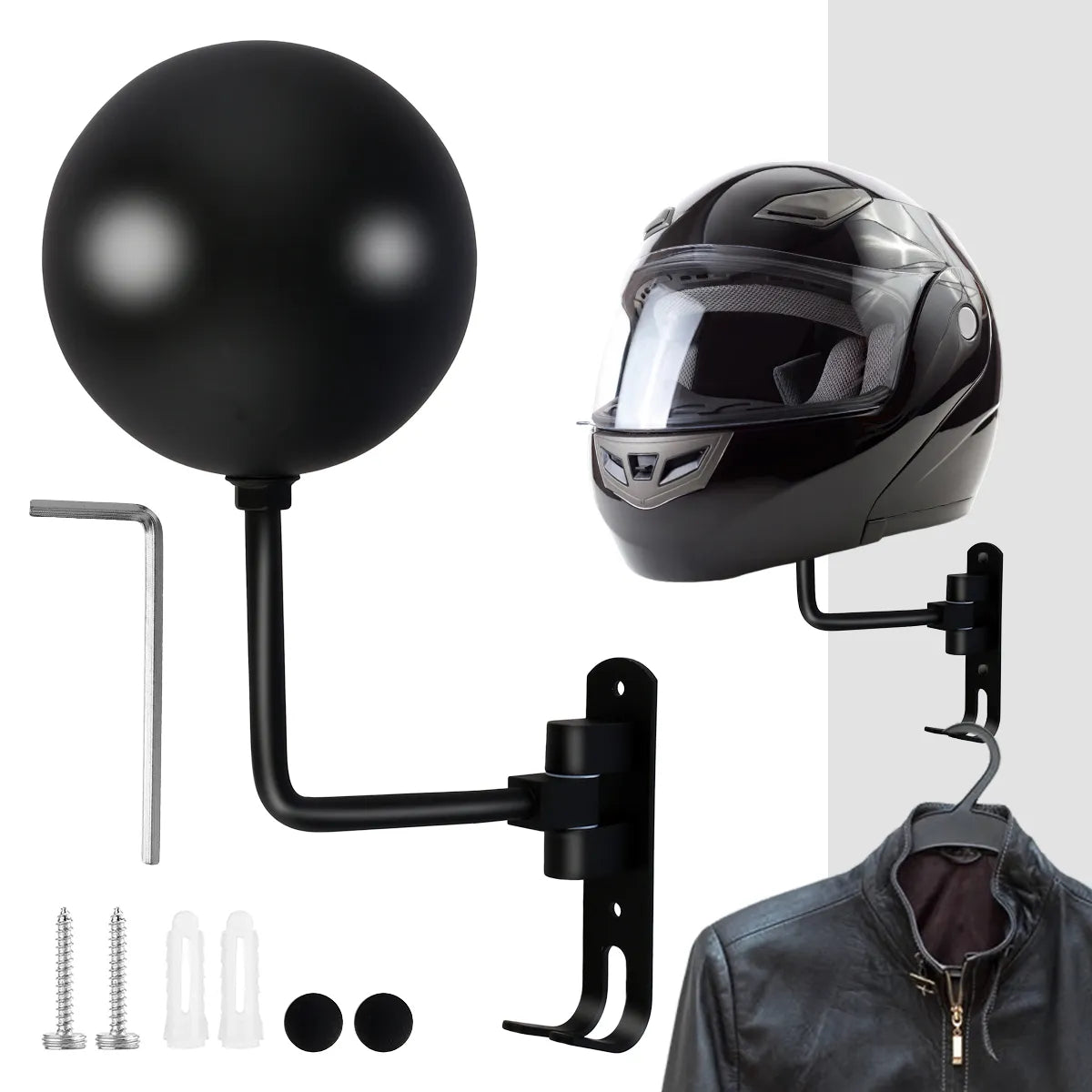 Sleek black wall mount for motorcycle helmets & jackets, optimizing gear storage and home organization.
