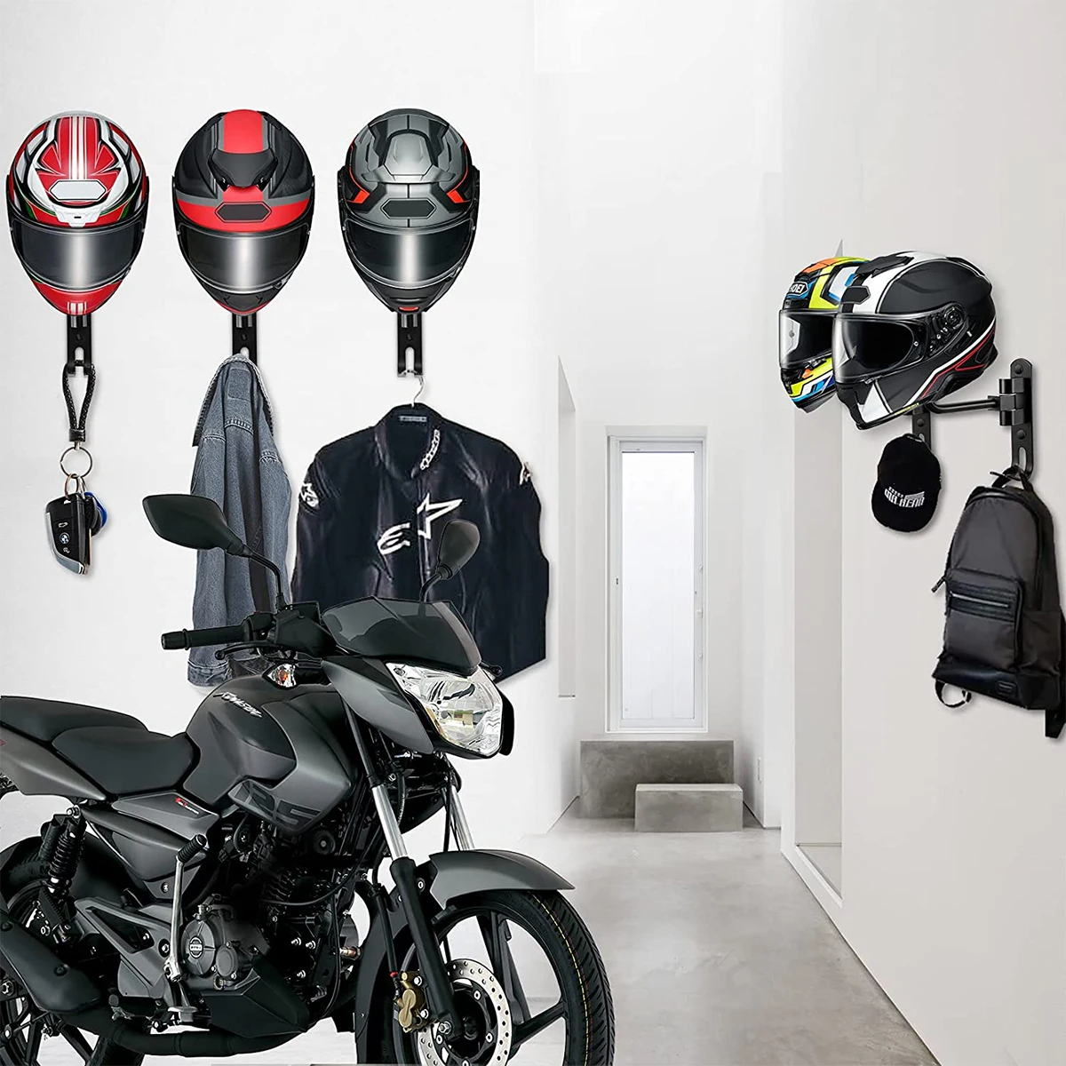 Black metal wall organizer, showcasing sturdy hooks for motorcycle jackets & a secure helmet rack.