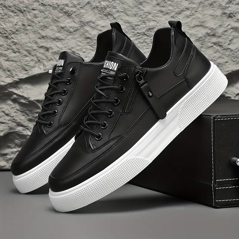 Black modern casual men's sneakers with lace-up front for everyday style and comfort.