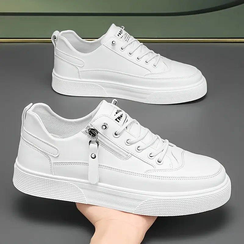 White modern men's walking shoes, comfortable and stylish casual sneakers for daily wear.