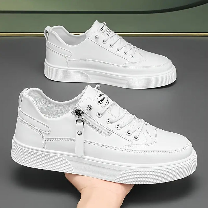 White modern men's walking shoes, comfortable and stylish casual sneakers for daily wear.