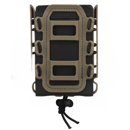 Detail of the quick-release mechanism on a MOLLE Universal Fast Mag Pouch for shooting.