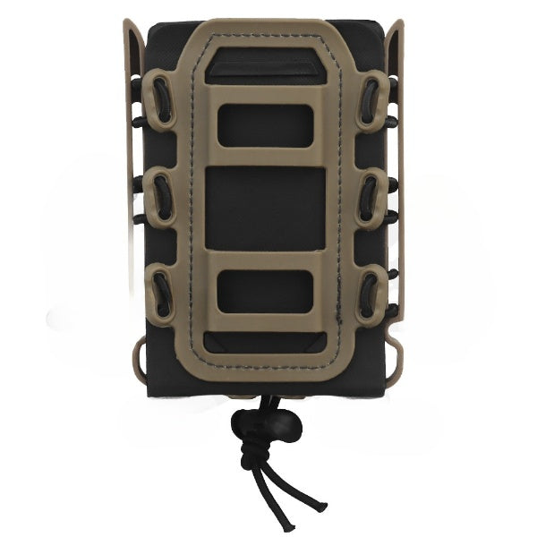 Detail of the quick-release mechanism on a MOLLE Universal Fast Mag Pouch for shooting.