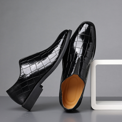 Elegant black polished men's dress shoes, comfort fit for weddings, office & formal events.