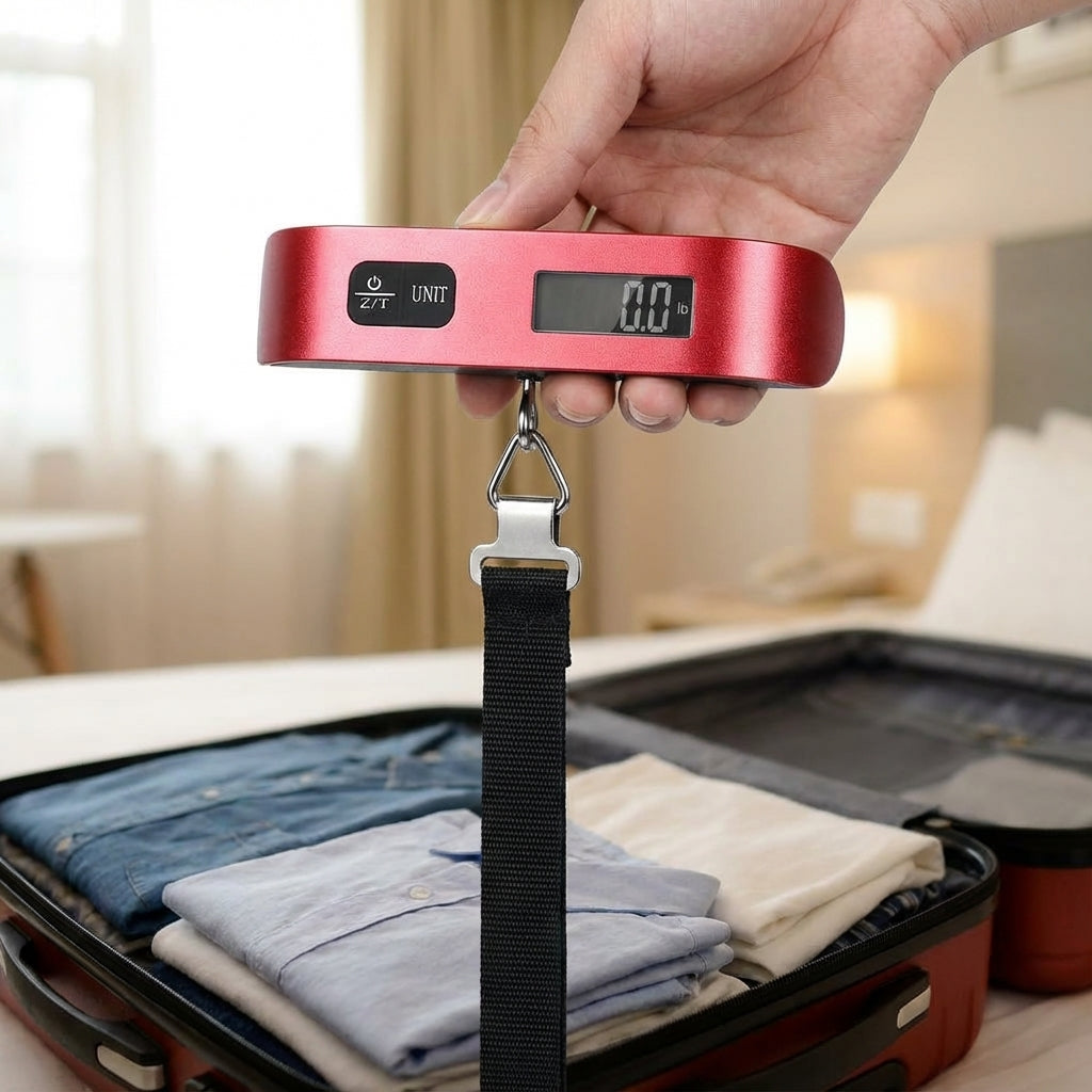 Black portable digital luggage scale, perfect for stress-free travel & airport essentials.