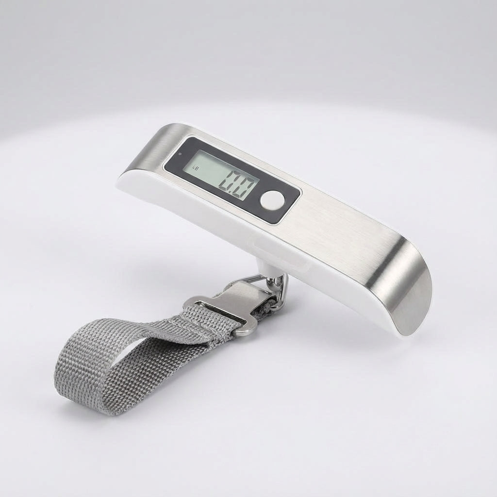 The black TravelWeigh digital luggage scale, a compact and accurate handheld device for all travelers.