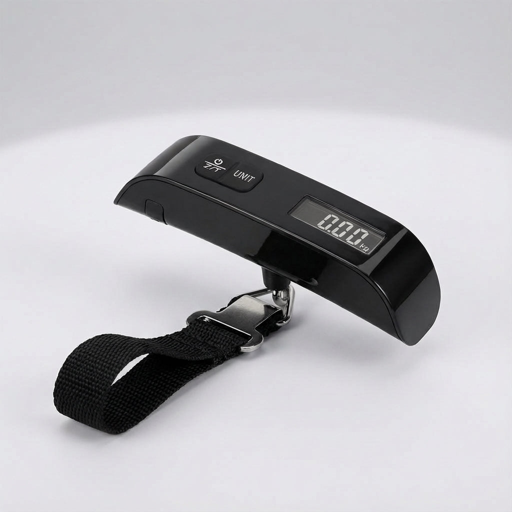 Portable digital travel scale, a black handheld luggage weigher for all your baggage needs.