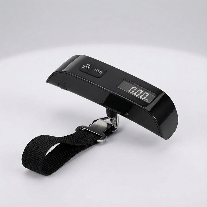 Portable digital travel scale, a black handheld luggage weigher for all your baggage needs.