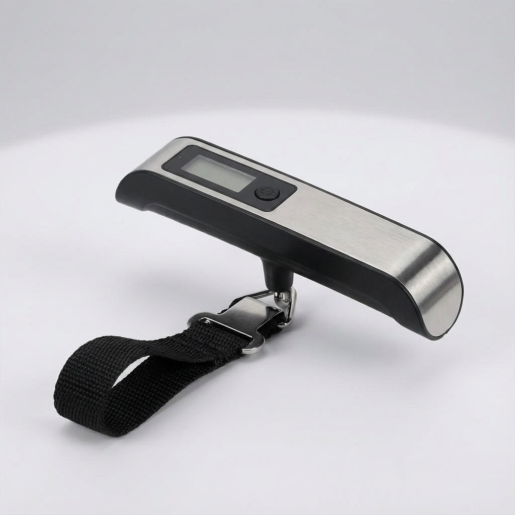 Stress-free travel with this black digital luggage scale, an essential airport accessory.