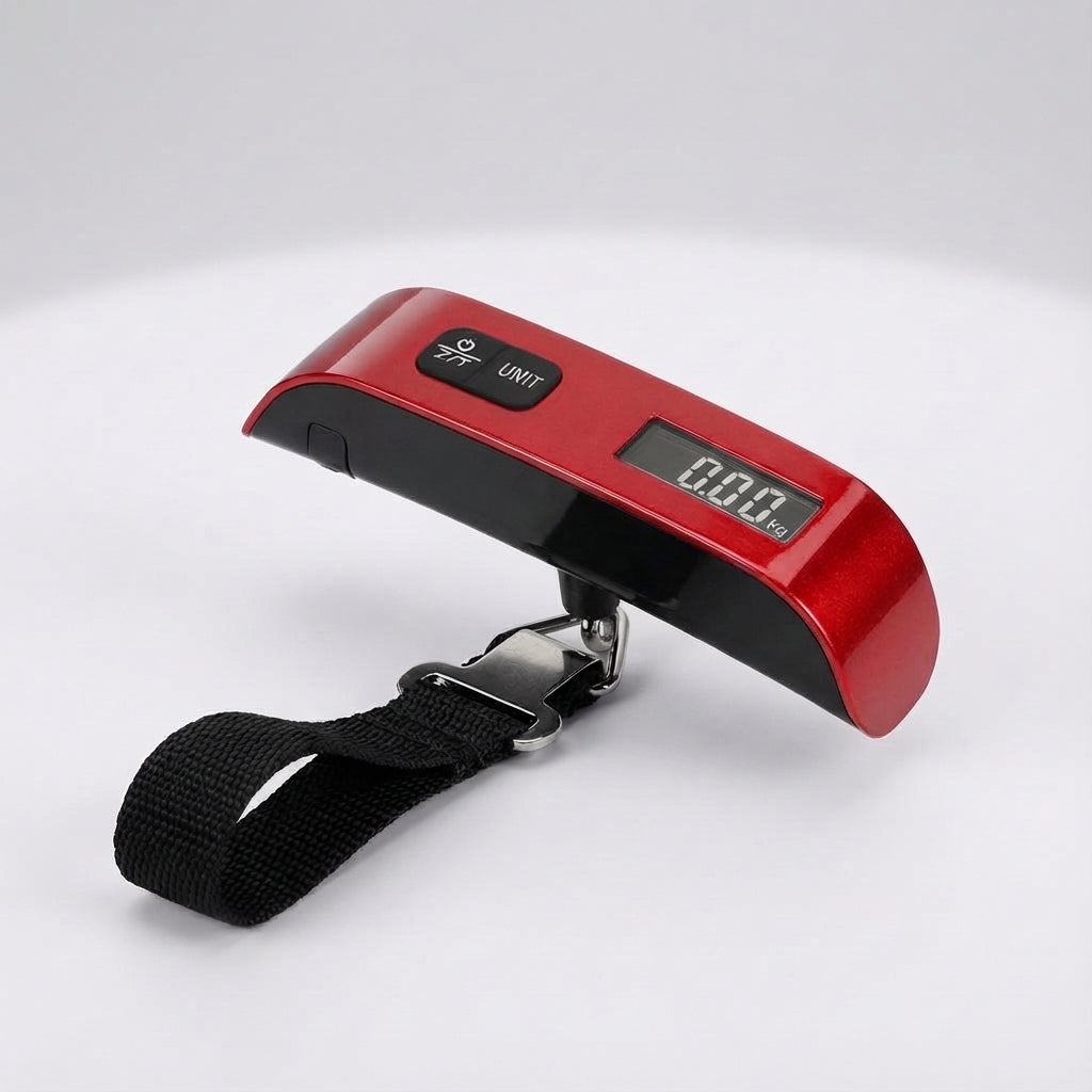 Handheld digital baggage scale for travelers, preventing overweight fees at the airport.
