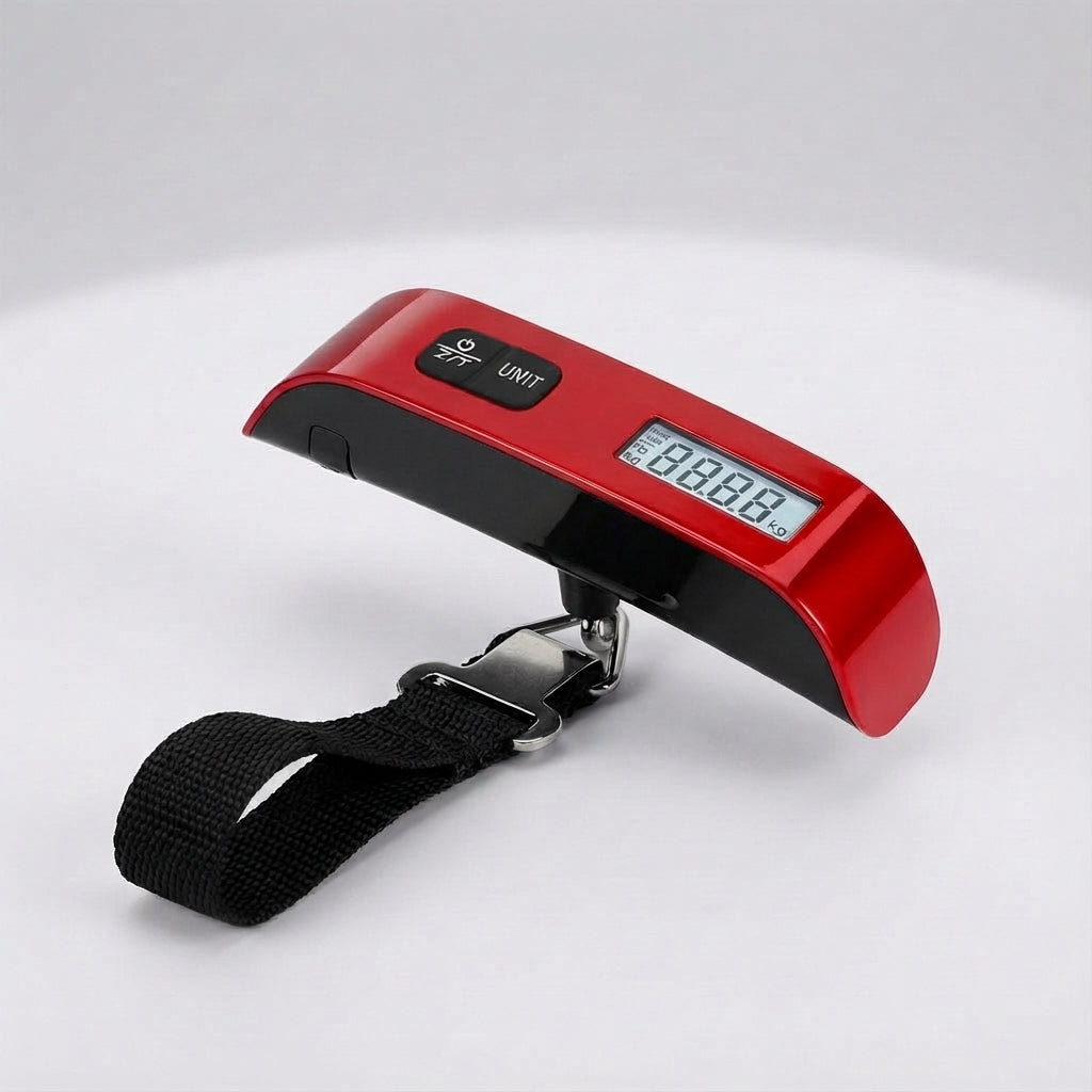 Sleek black portable digital scale, a must-have travel accessory for accurate luggage weighing.
