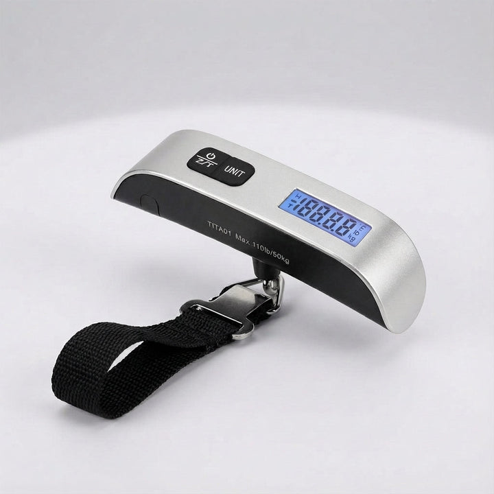 Black digital luggage scale for easy and accurate weighing of suitcases before travel.