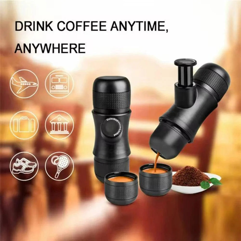 Unisex manual espresso maker, black, held in hand, ideal for outdoor use and travel.