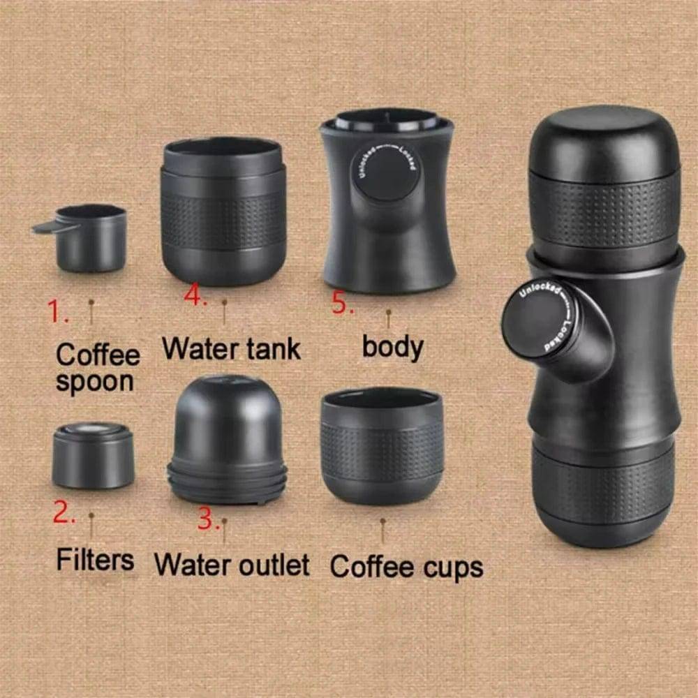 Compact manual espresso maker in black, perfect for portable coffee brewing while camping.
