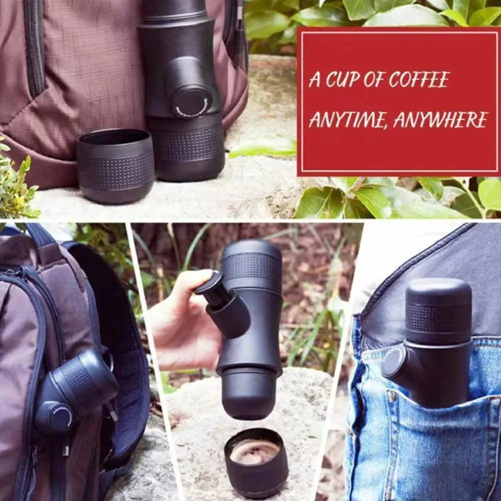 Travel-friendly manual espresso maker, black kitchen gadget for espresso lovers on the go.