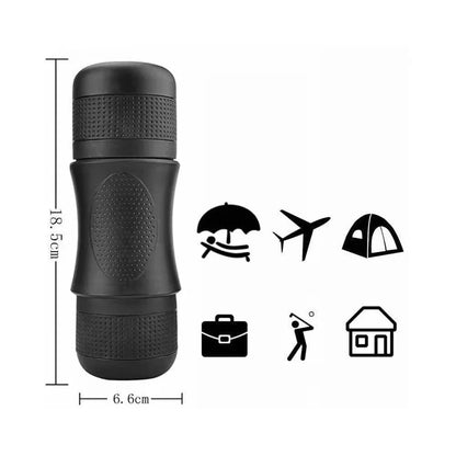 Portable black espresso maker, manual brewer for rich coffee, essential camping equipment.