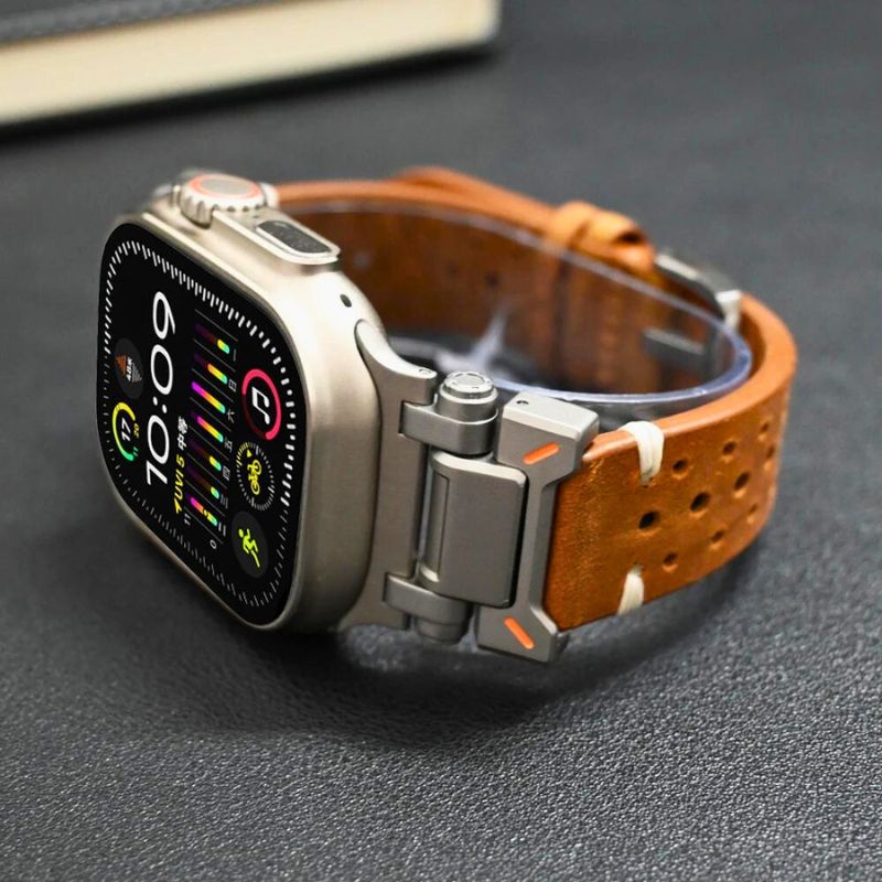 Black premium genuine leather unisex smartwatch band with sleek silver buckle.