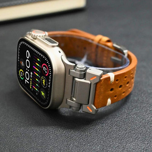 Black premium genuine leather unisex smartwatch band with sleek silver buckle.