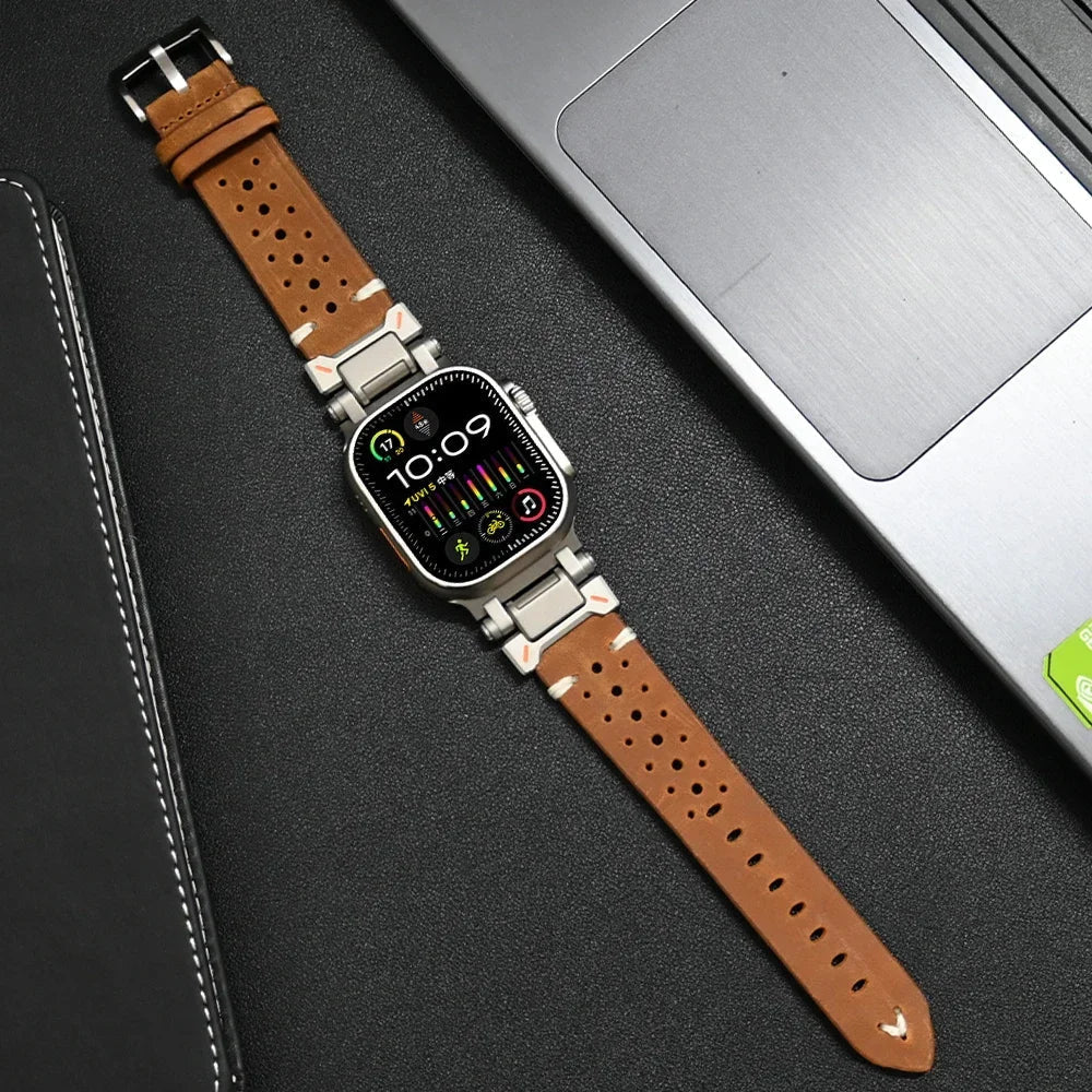 Red genuine leather watch band, a sleek and comfortable unisex smartwatch replacement strap.