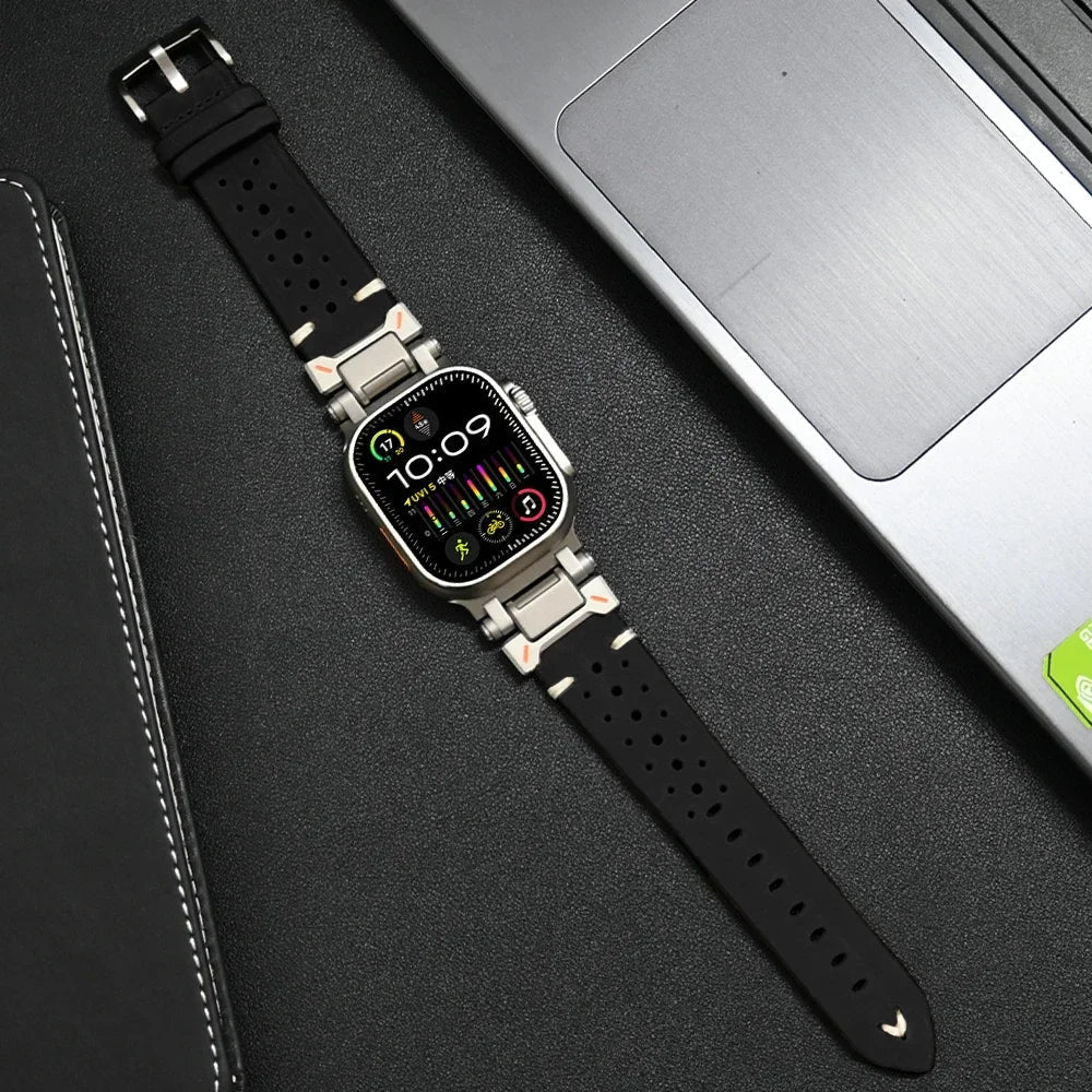 Classic black leather smartwatch band, premium quality and durable for daily wear.