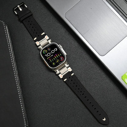 Classic black leather smartwatch band, premium quality and durable for daily wear.
