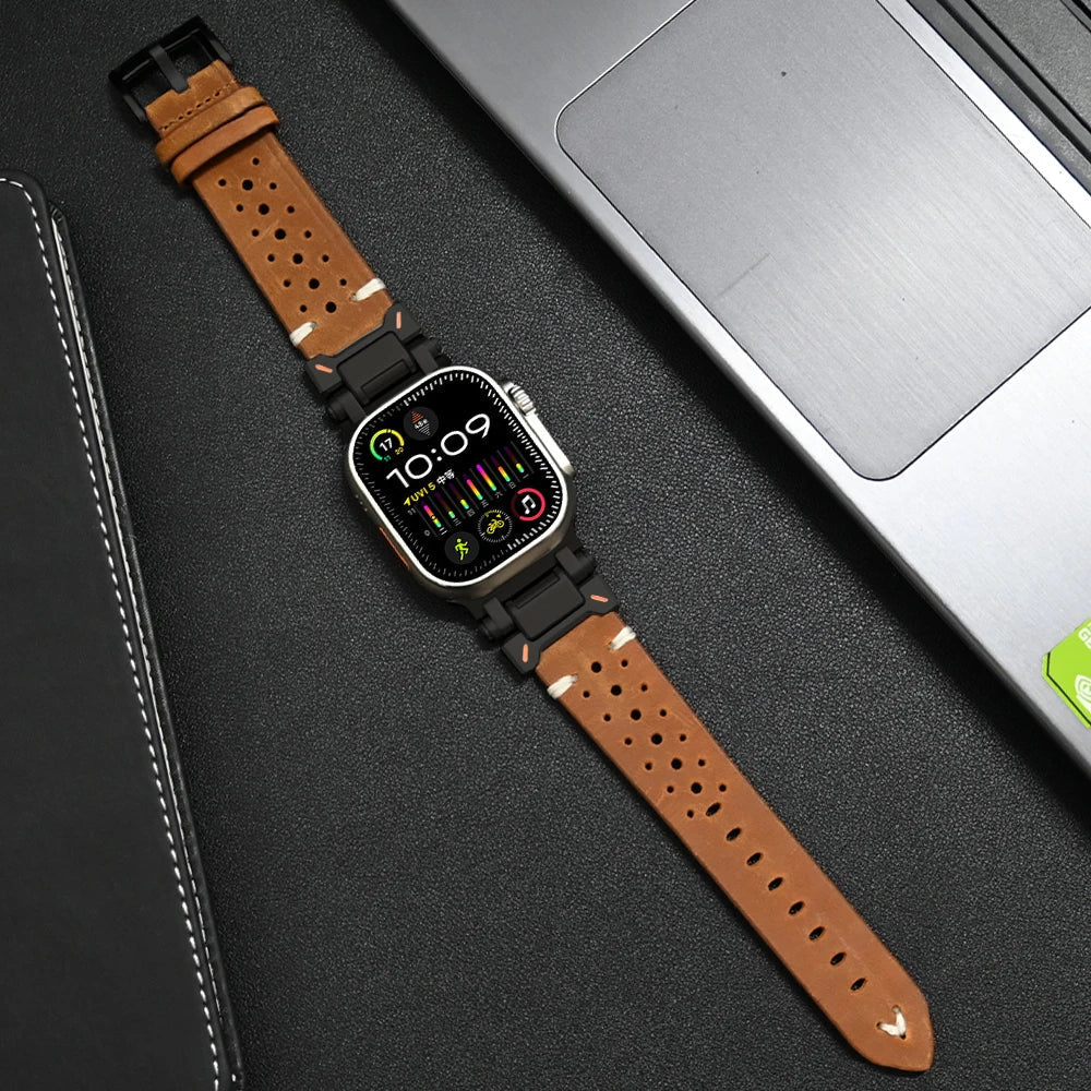 Unisex brown genuine leather smartwatch strap, an elegant & comfortable watch accessory.