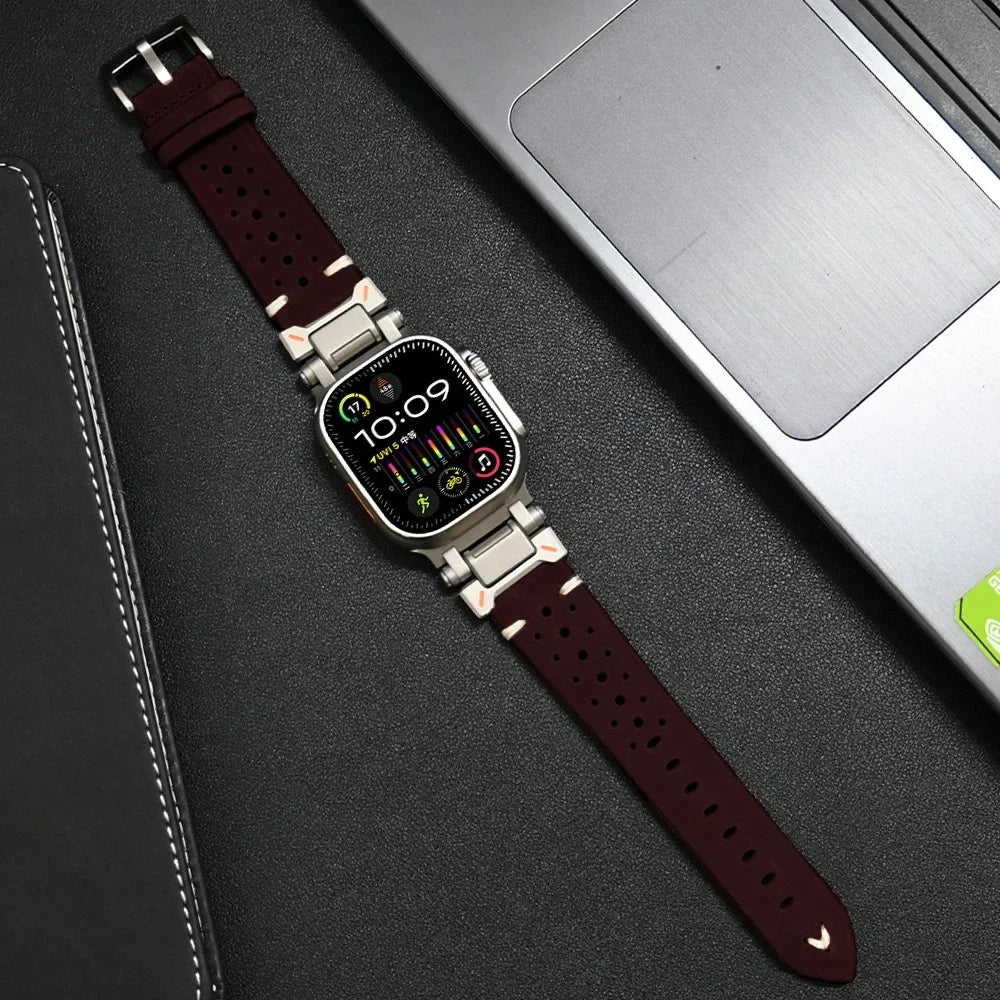 Premium red leather smartwatch band, sleek design for a stylish and durable fit.